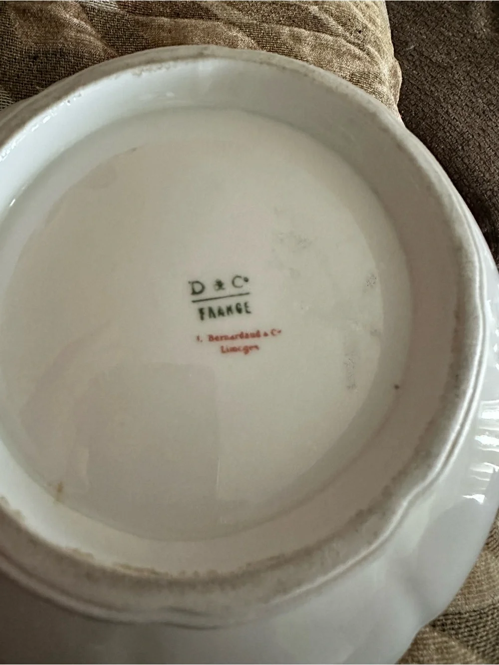 Antique Limoges Porcelain Serving Bowl with Gold Handles and Green Vine Detail